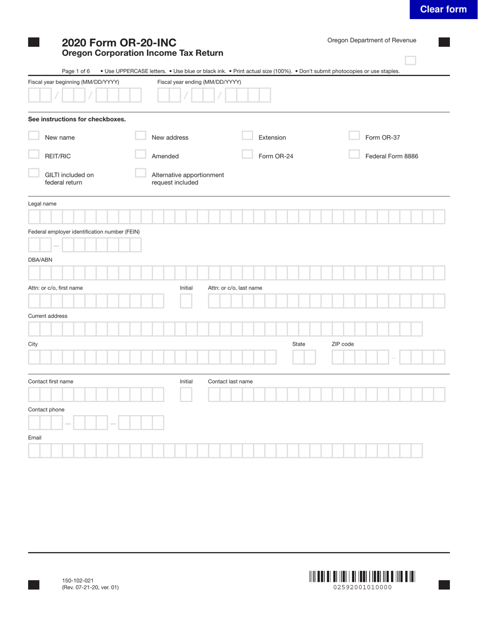 Form OR-20-INC (150-102-021) Oregon Corporation Income Tax Return - Oregon, Page 1