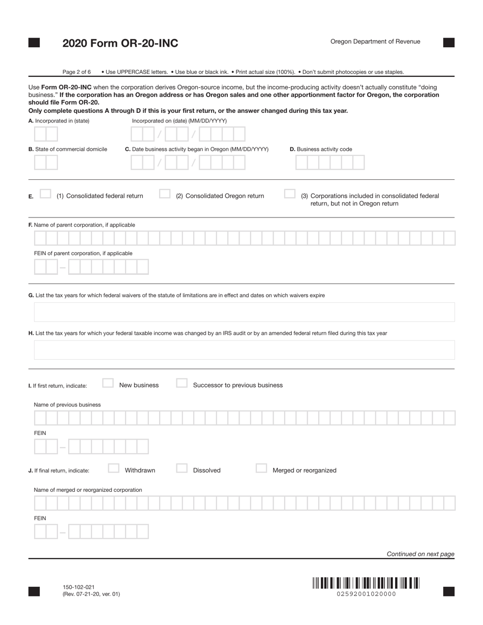 Form OR-20-INC (150-102-021) Oregon Corporation Income Tax Return - Oregon, Page 2