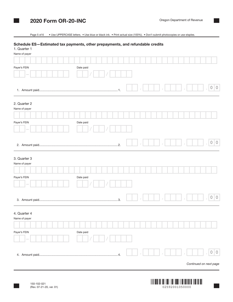 Form OR-20-INC (150-102-021) Oregon Corporation Income Tax Return - Oregon, Page 5