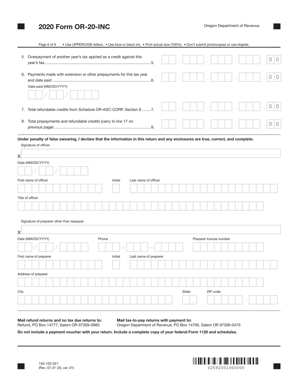 Form OR-20-INC (150-102-021) Oregon Corporation Income Tax Return - Oregon, Page 6