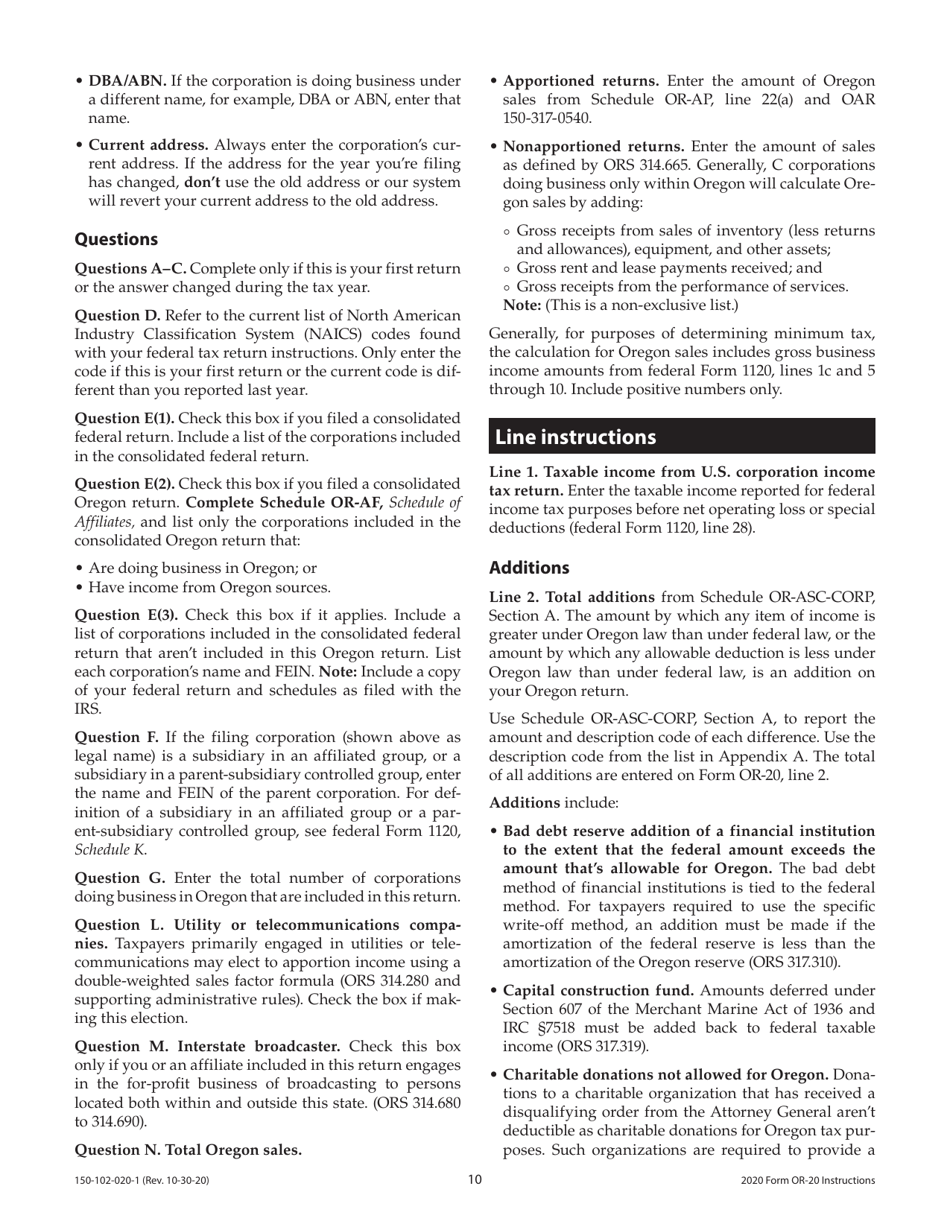 Instructions for Form OR-20, 150-102-020 Oregon Corporation Excise Tax Return - Oregon, Page 10