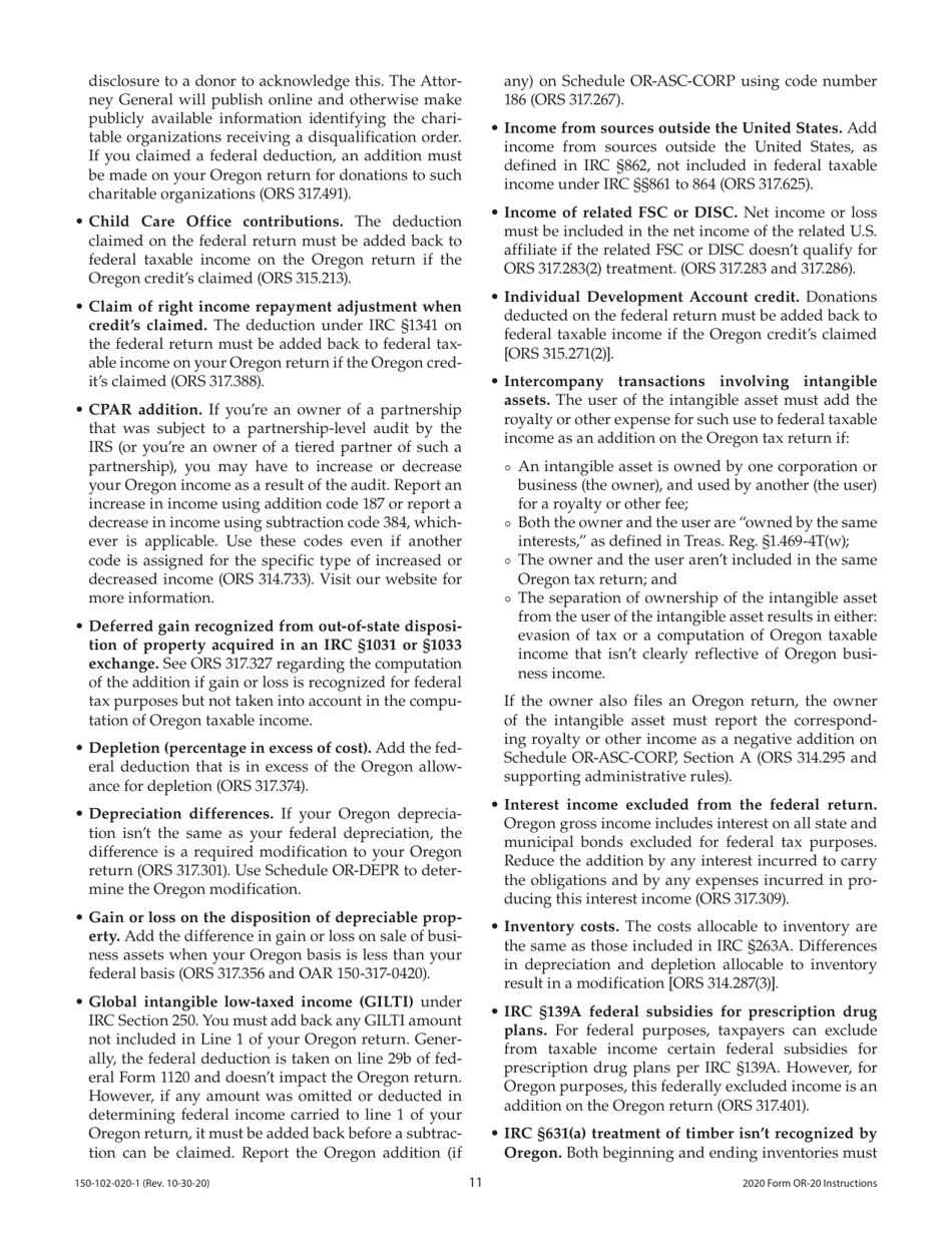 Instructions for Form OR-20, 150-102-020 Oregon Corporation Excise Tax Return - Oregon, Page 11