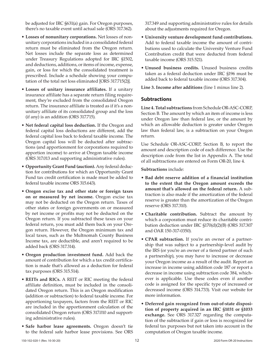 Instructions for Form OR-20, 150-102-020 Oregon Corporation Excise Tax Return - Oregon, Page 12