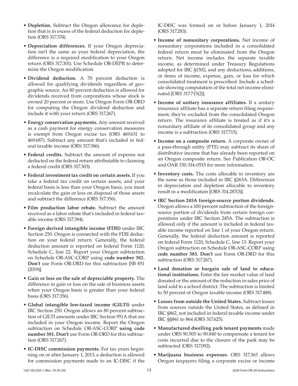 Instructions for Form OR-20, 150-102-020 Oregon Corporation Excise Tax Return - Oregon, Page 13