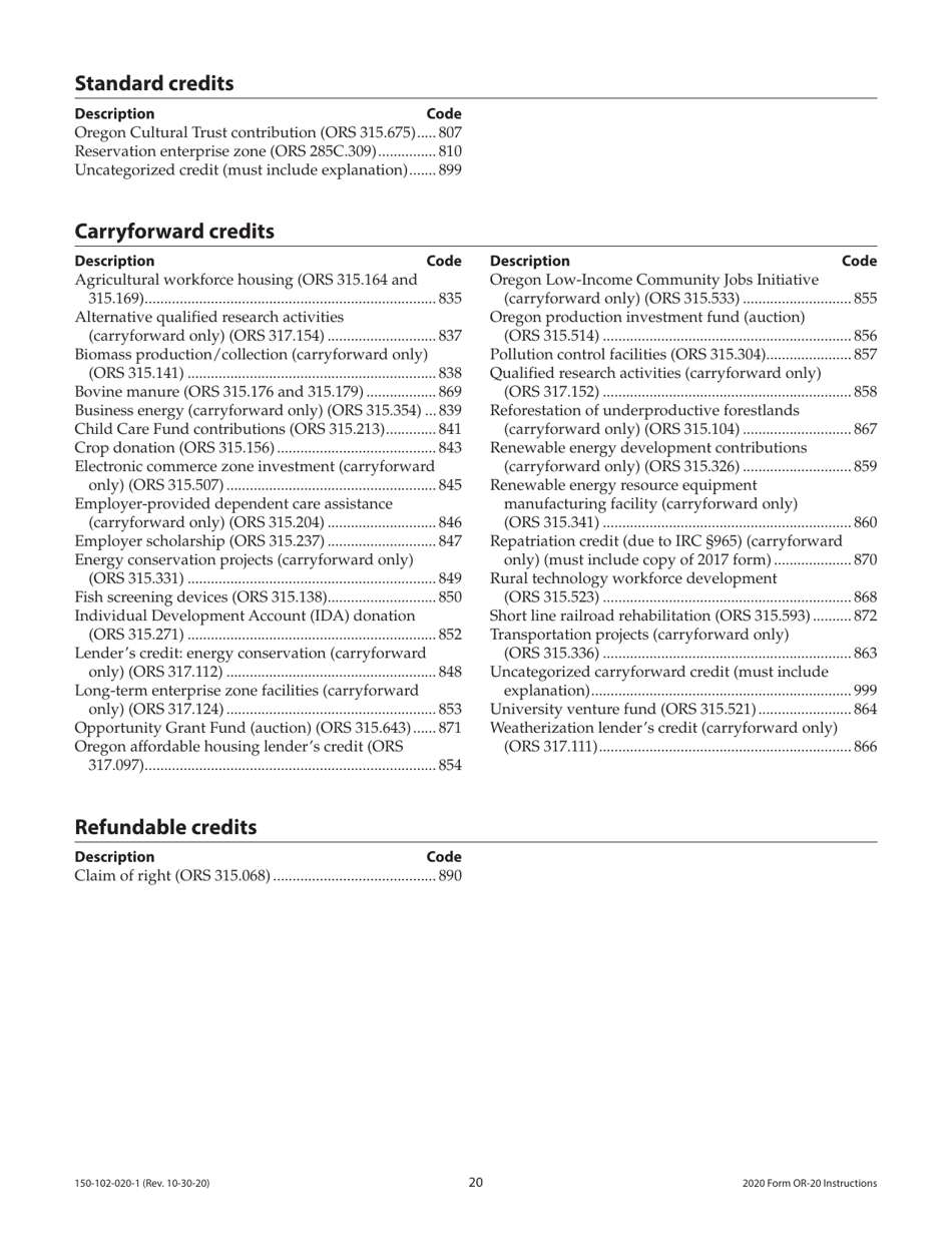 Instructions for Form OR-20, 150-102-020 Oregon Corporation Excise Tax Return - Oregon, Page 20