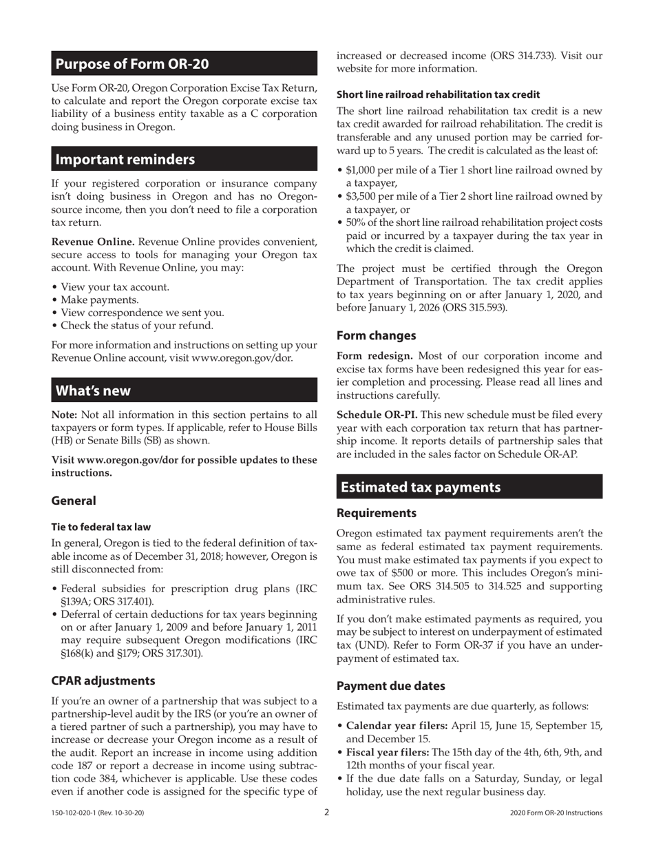 Instructions for Form OR-20, 150-102-020 Oregon Corporation Excise Tax Return - Oregon, Page 2