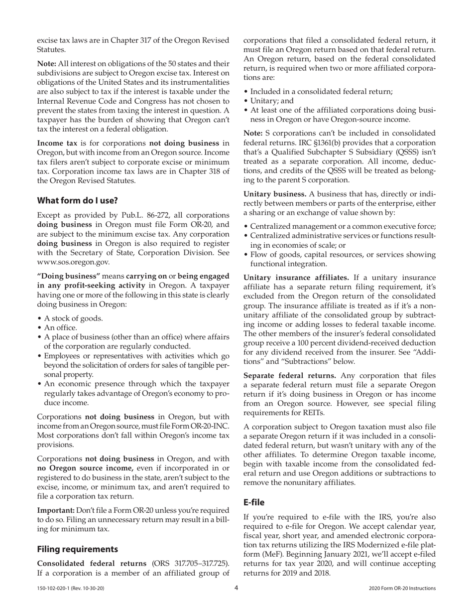 Instructions for Form OR-20, 150-102-020 Oregon Corporation Excise Tax Return - Oregon, Page 4