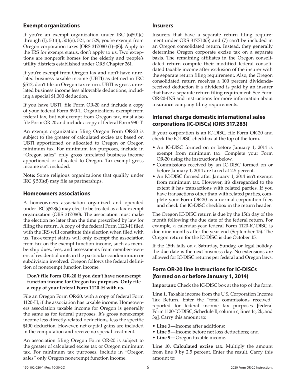 Instructions for Form OR-20, 150-102-020 Oregon Corporation Excise Tax Return - Oregon, Page 6