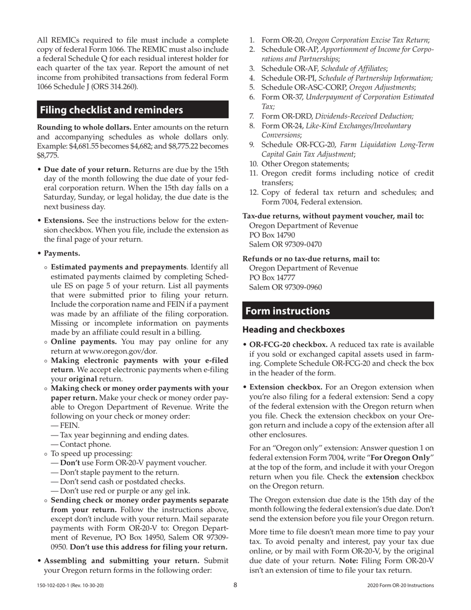 Instructions for Form OR-20, 150-102-020 Oregon Corporation Excise Tax Return - Oregon, Page 8