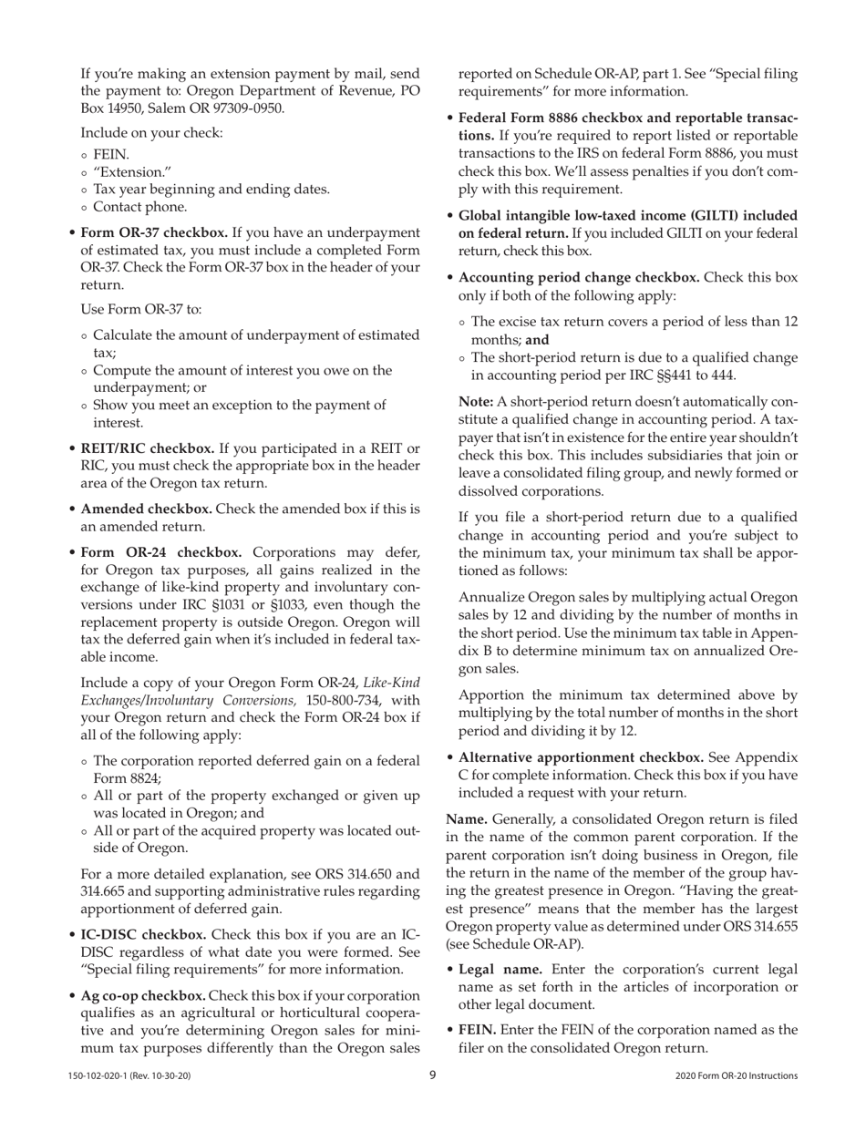 Instructions for Form OR-20, 150-102-020 Oregon Corporation Excise Tax Return - Oregon, Page 9