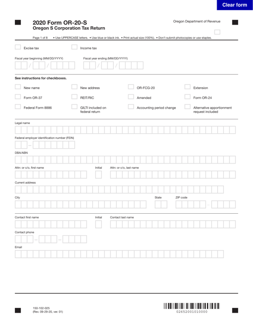 Form OR-20-S (150-102-025) 2020 Printable Pdf