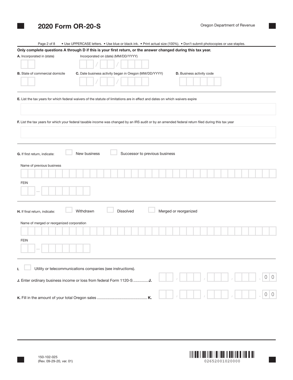 Form OR-20-S (150-102-025) Oregon S Corporation Tax Return - Oregon, Page 2