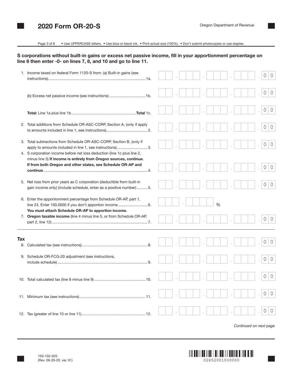Form OR-20-S (150-102-025) Oregon S Corporation Tax Return - Oregon, Page 3