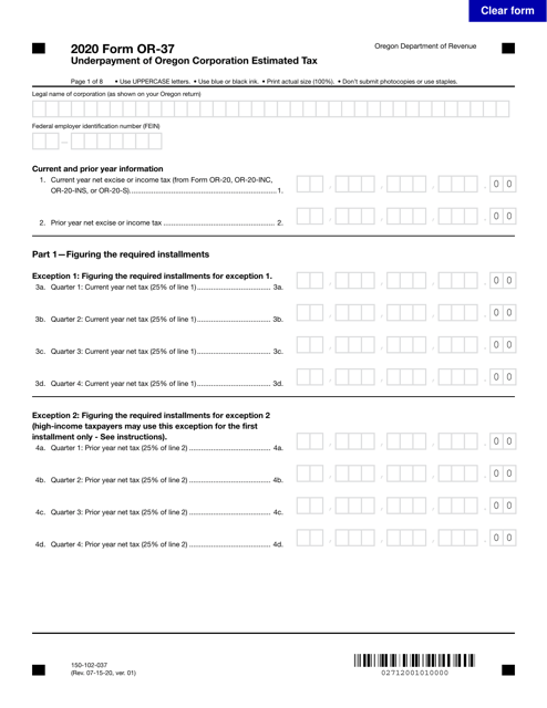 Form OR-37 (150-102-037) 2020 Printable Pdf