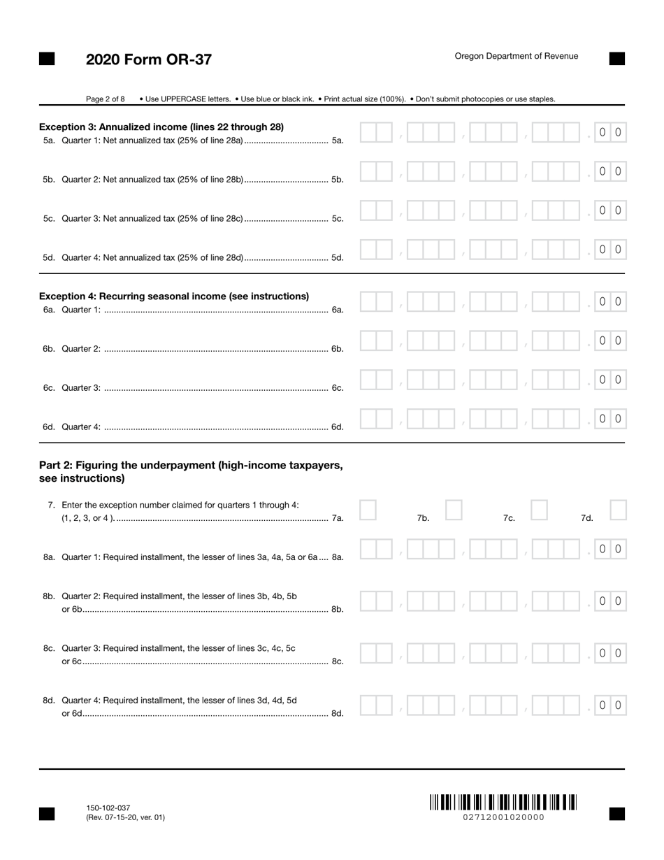 Form OR-37 (150-102-037) Underpayment of Oregon Corporation Estimated Tax - Oregon, Page 2