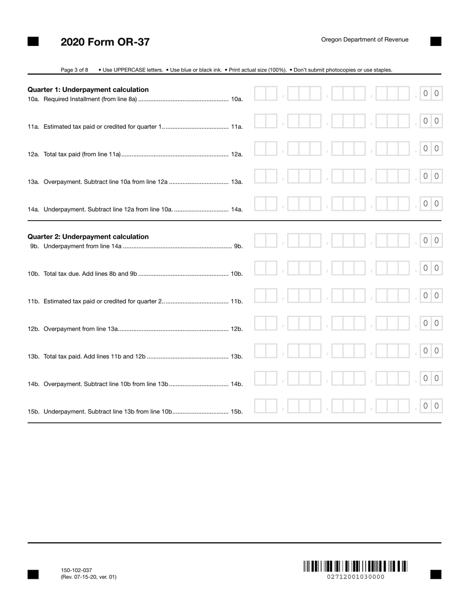 Form OR-37 (150-102-037) Underpayment of Oregon Corporation Estimated Tax - Oregon, Page 3