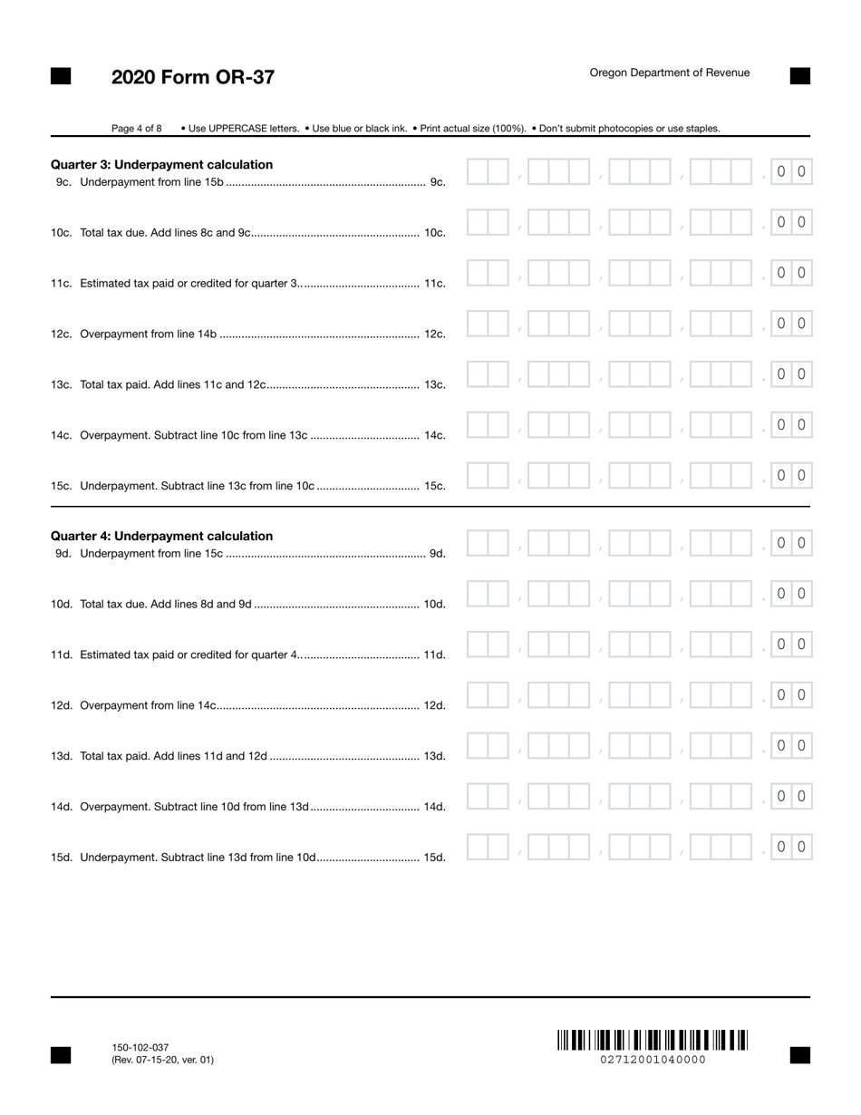 Form OR-37 (150-102-037) Underpayment of Oregon Corporation Estimated Tax - Oregon, Page 4