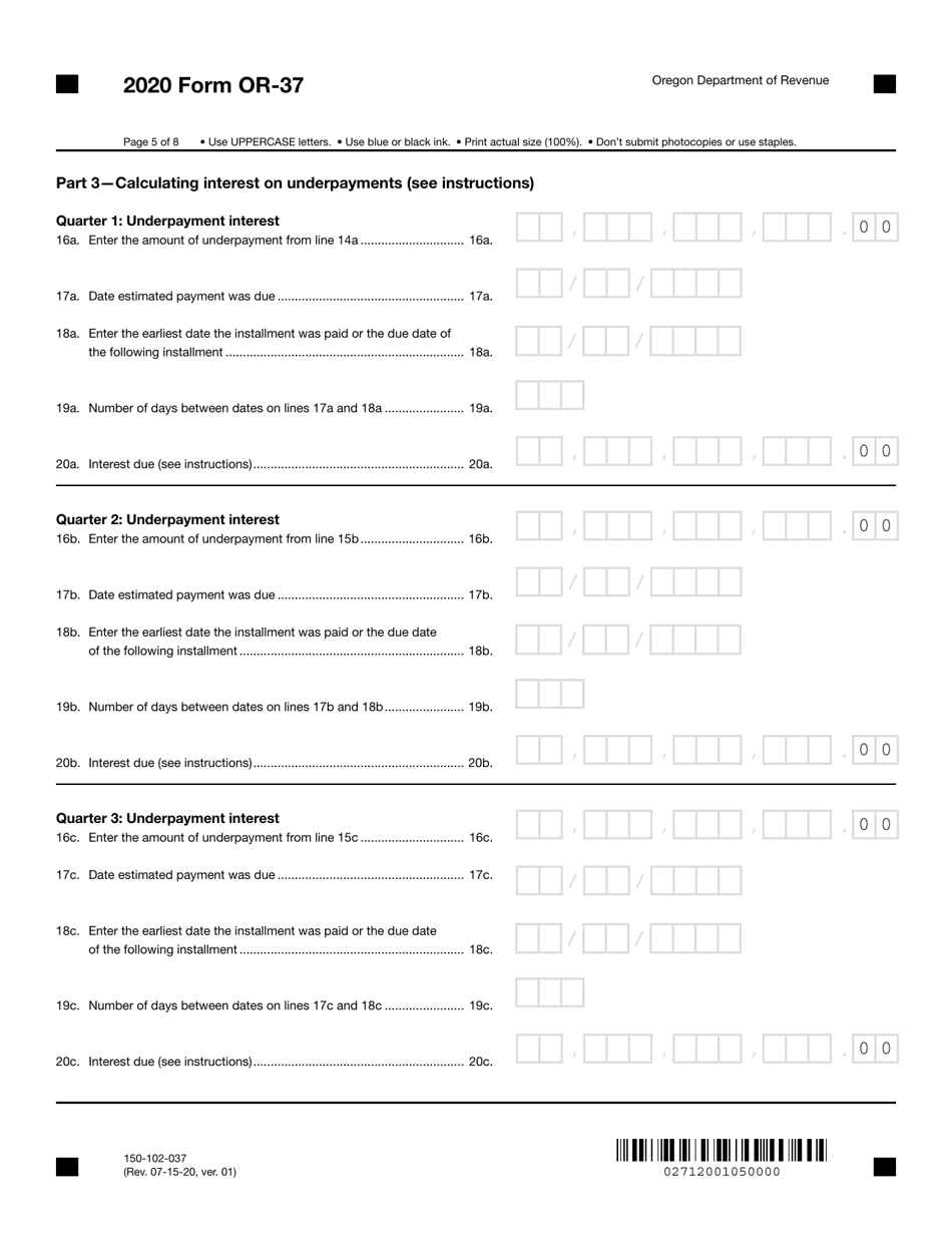 Form OR-37 (150-102-037) Underpayment of Oregon Corporation Estimated Tax - Oregon, Page 5