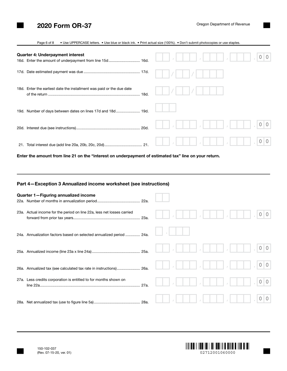 Form OR-37 (150-102-037) Underpayment of Oregon Corporation Estimated Tax - Oregon, Page 6