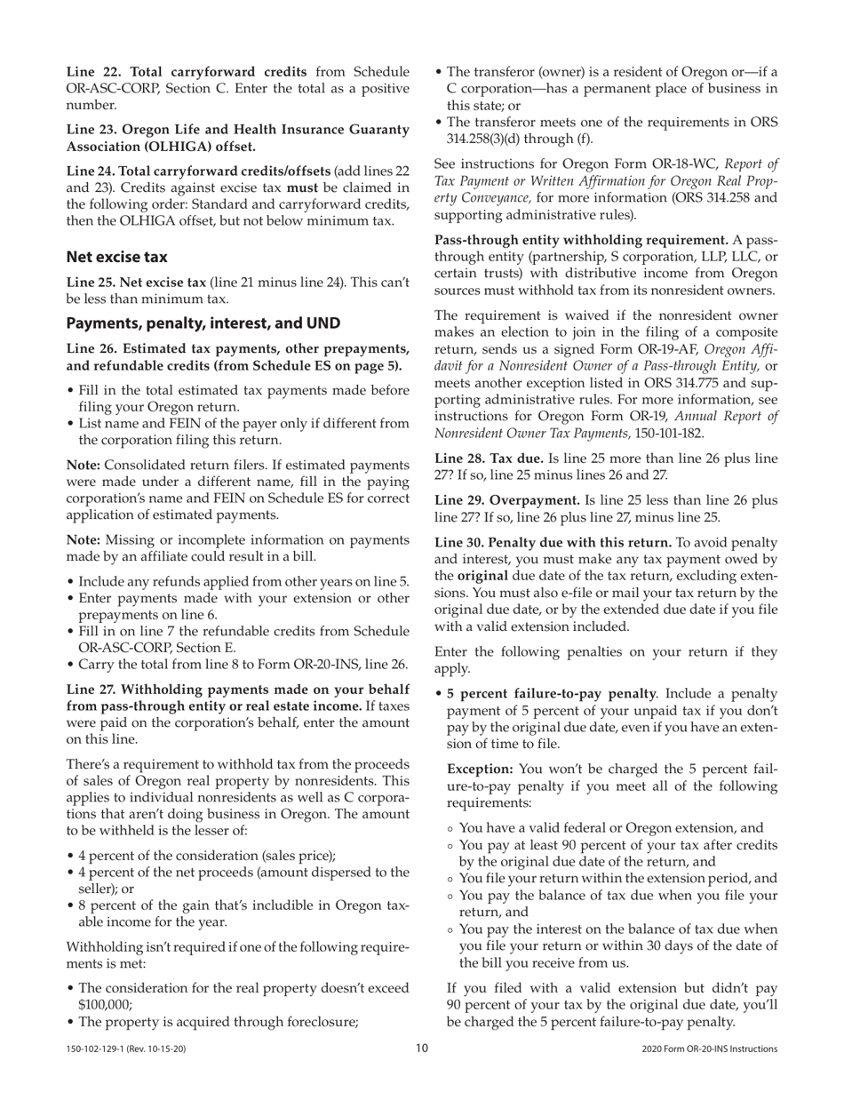 Instructions for Form OR-20-INS, 150-102-129 Oregon Insurance Excise Tax Return - Oregon, Page 10