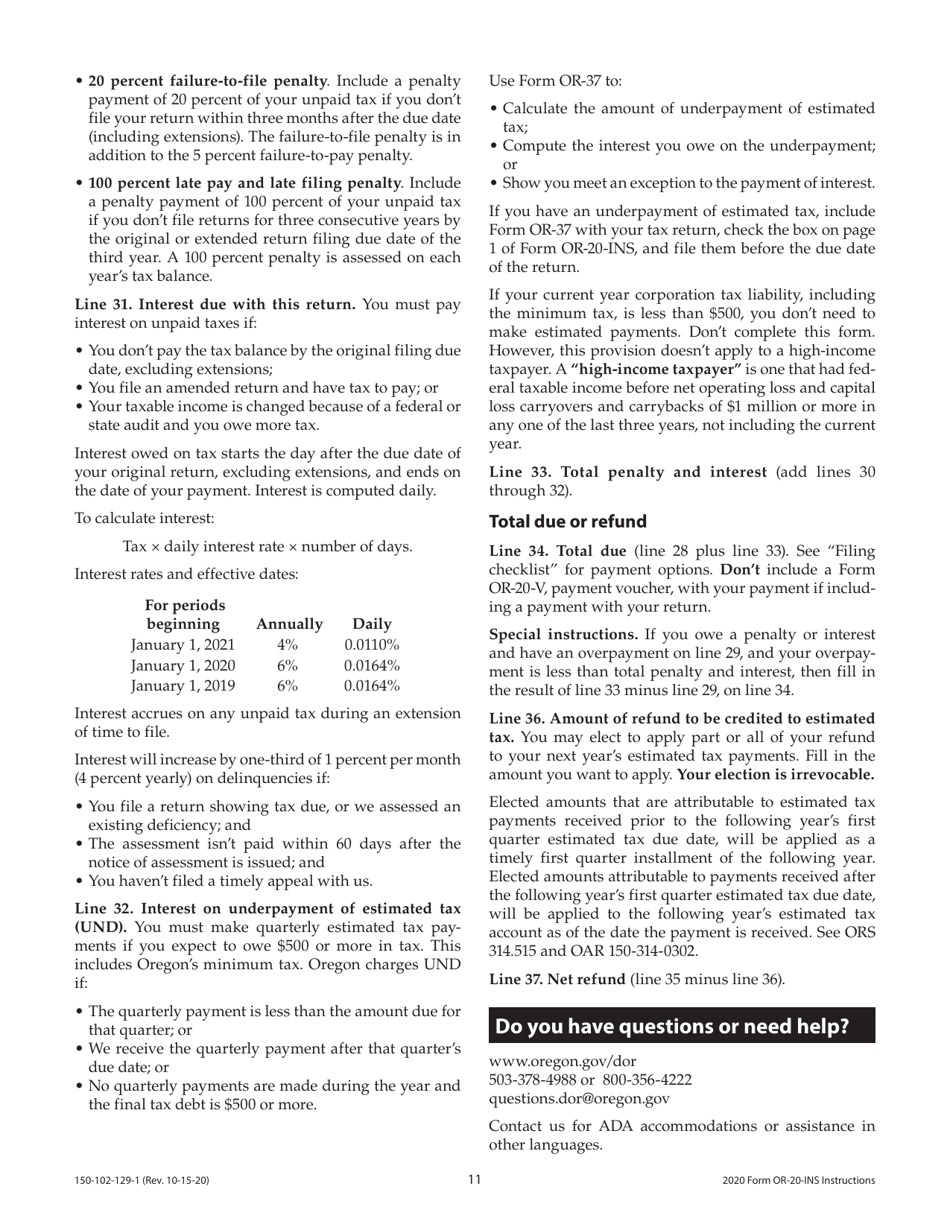 Instructions for Form OR-20-INS, 150-102-129 Oregon Insurance Excise Tax Return - Oregon, Page 11