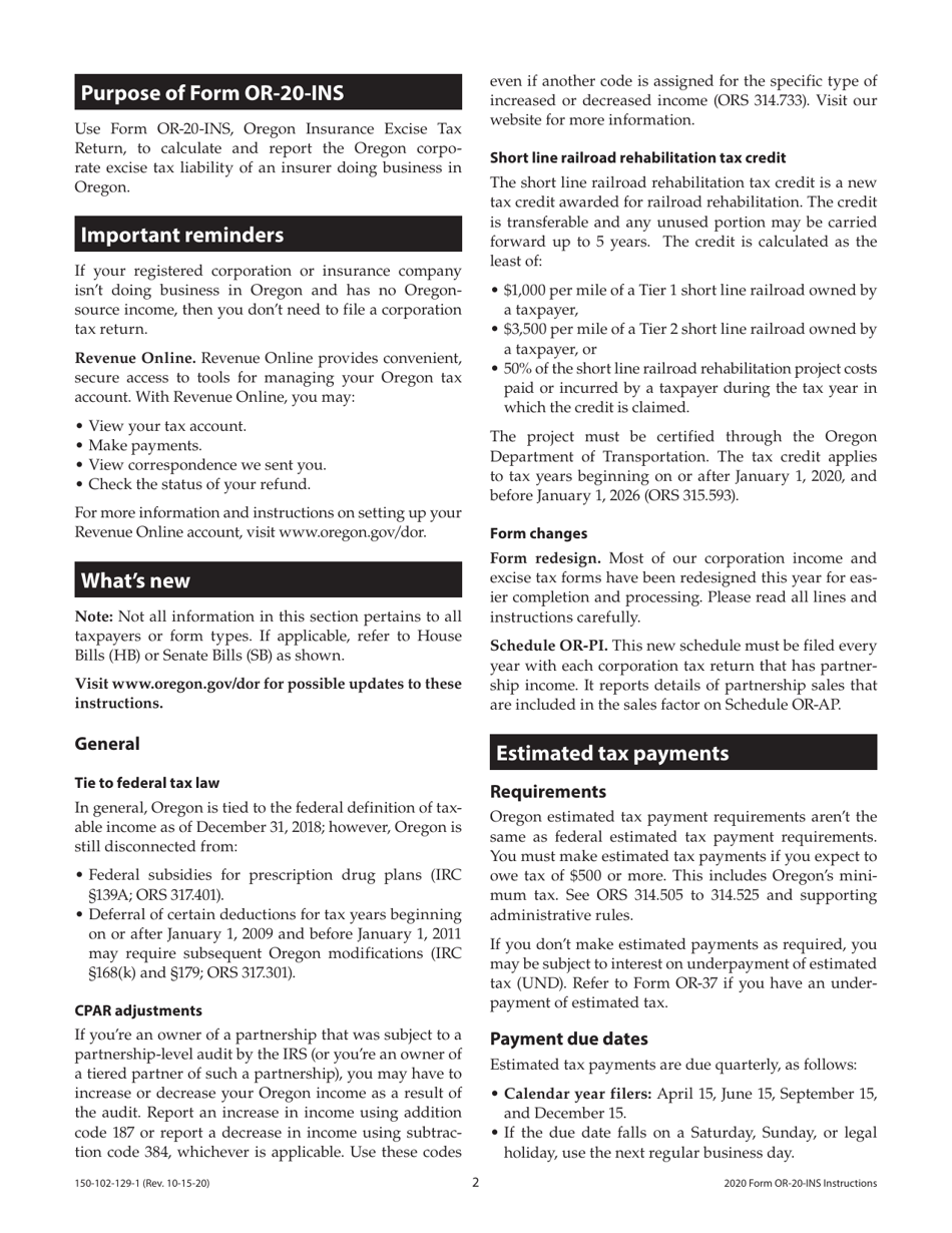 Instructions for Form OR-20-INS, 150-102-129 Oregon Insurance Excise Tax Return - Oregon, Page 2