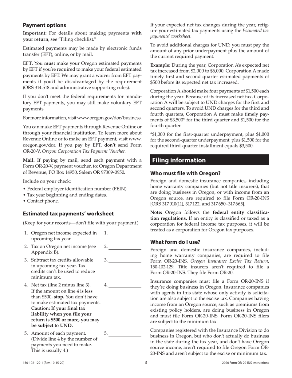 Instructions for Form OR-20-INS, 150-102-129 Oregon Insurance Excise Tax Return - Oregon, Page 3