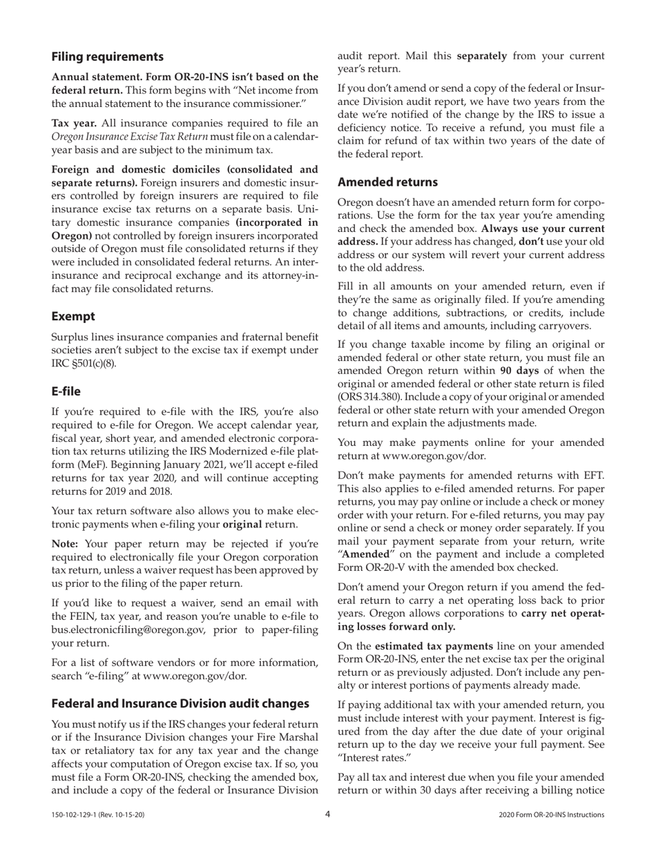 Instructions for Form OR-20-INS, 150-102-129 Oregon Insurance Excise Tax Return - Oregon, Page 4