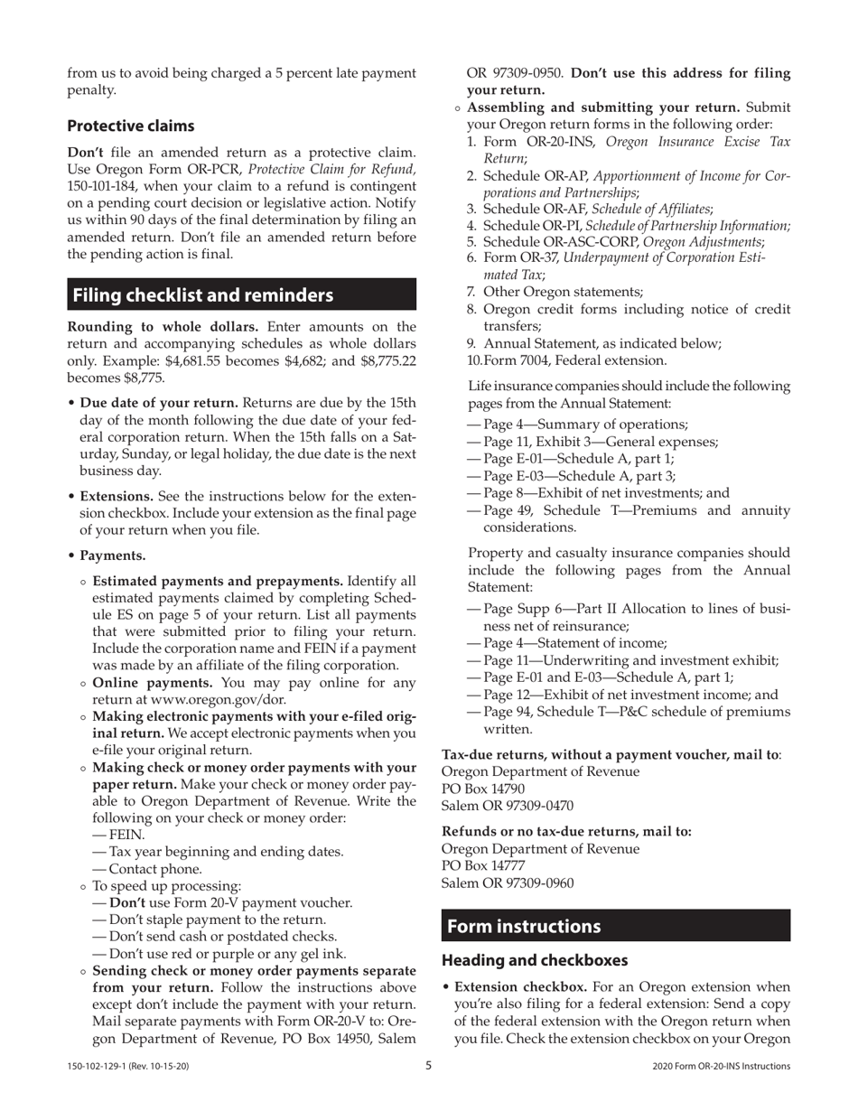 Instructions for Form OR-20-INS, 150-102-129 Oregon Insurance Excise Tax Return - Oregon, Page 5