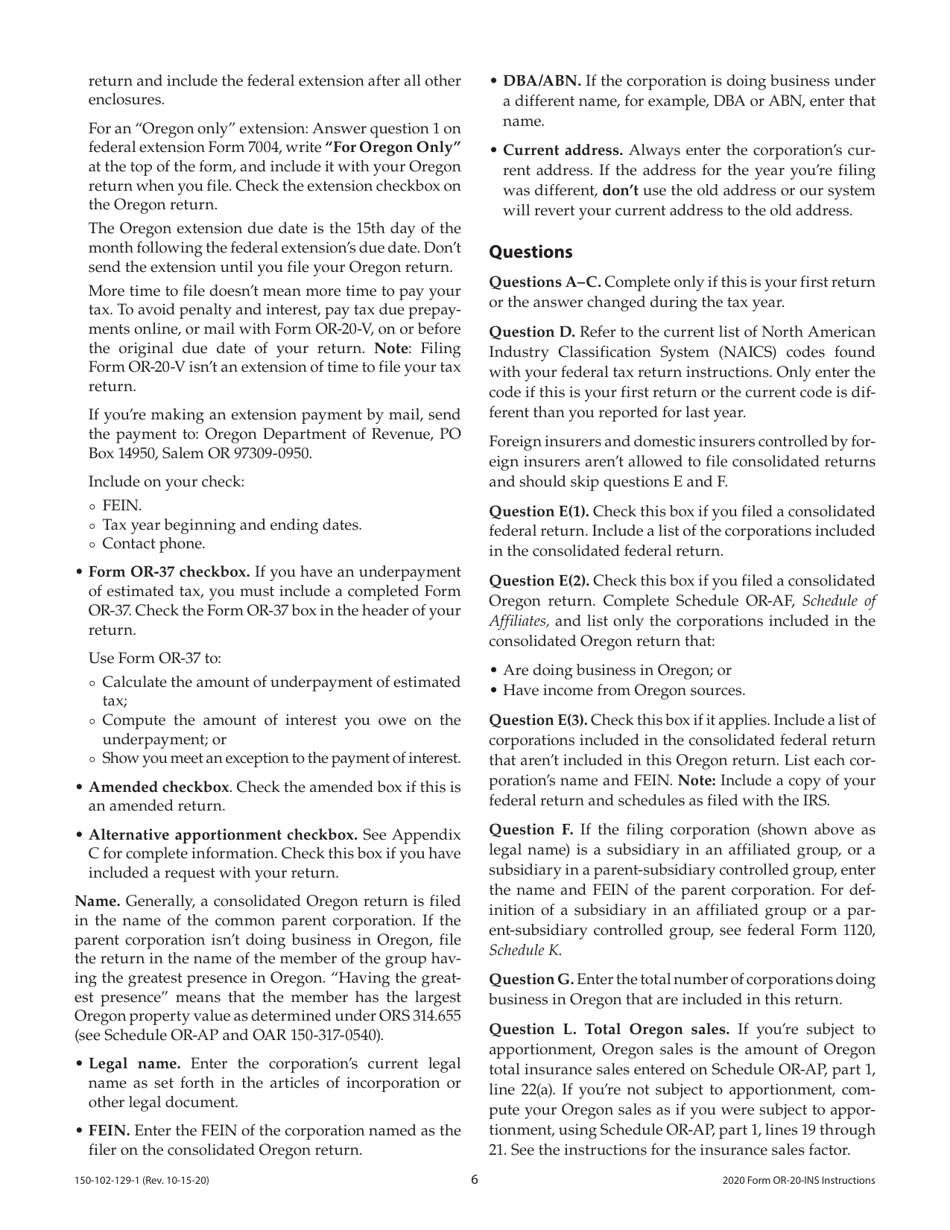 Instructions for Form OR-20-INS, 150-102-129 Oregon Insurance Excise Tax Return - Oregon, Page 6
