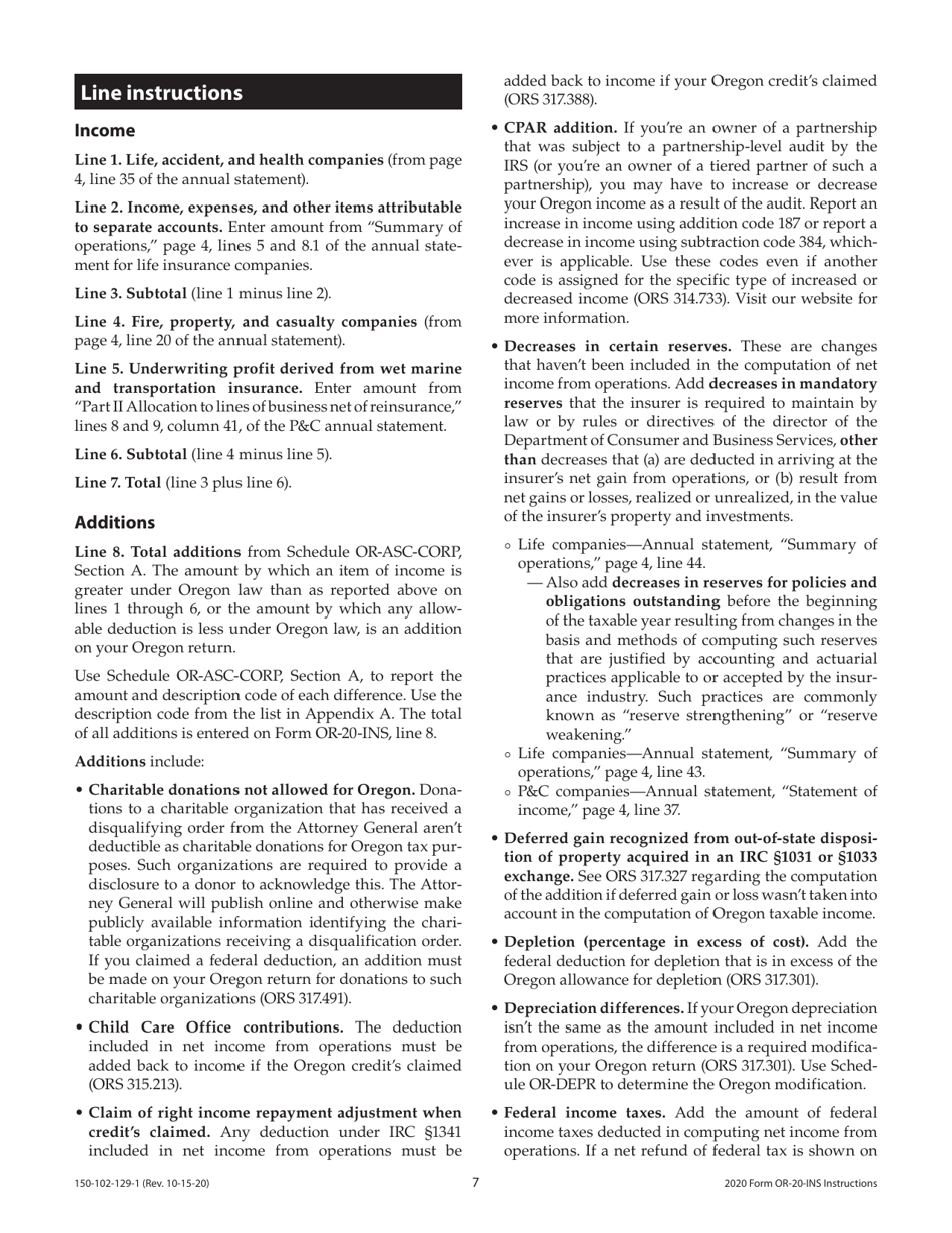 Instructions for Form OR-20-INS, 150-102-129 Oregon Insurance Excise Tax Return - Oregon, Page 7