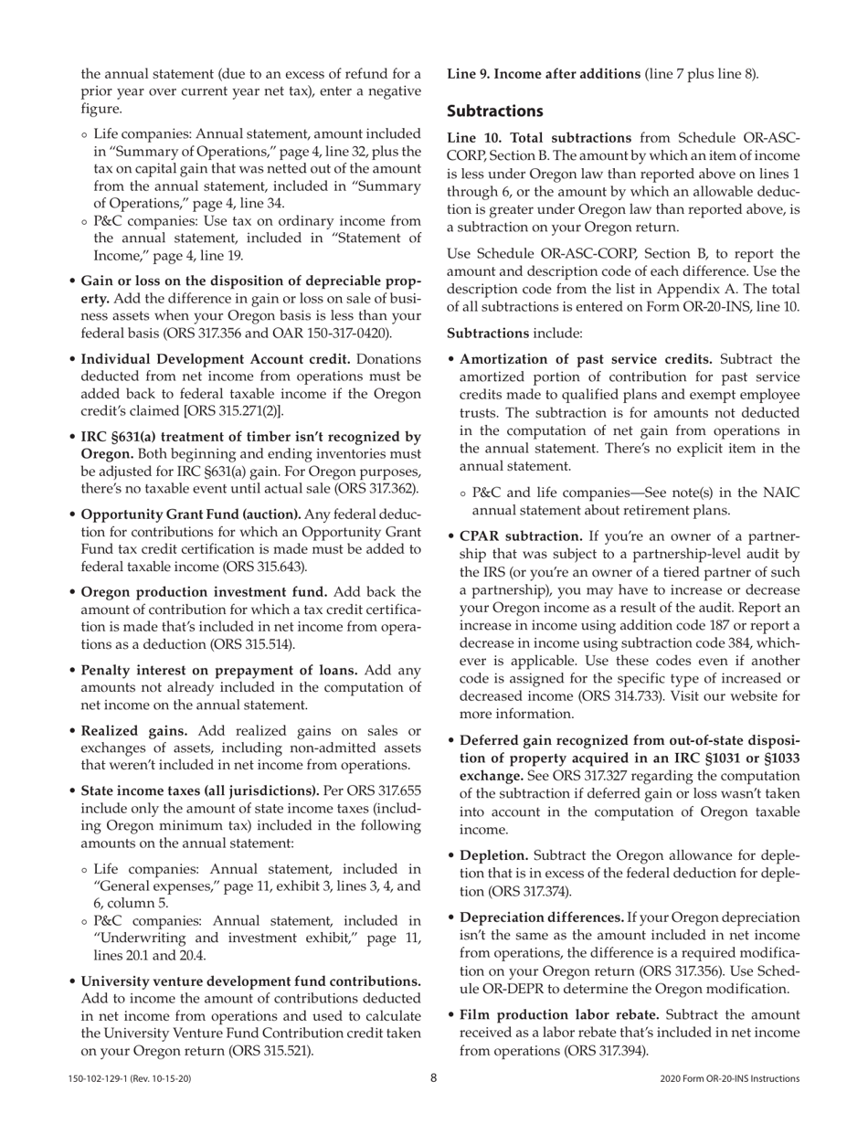 Instructions for Form OR-20-INS, 150-102-129 Oregon Insurance Excise Tax Return - Oregon, Page 8