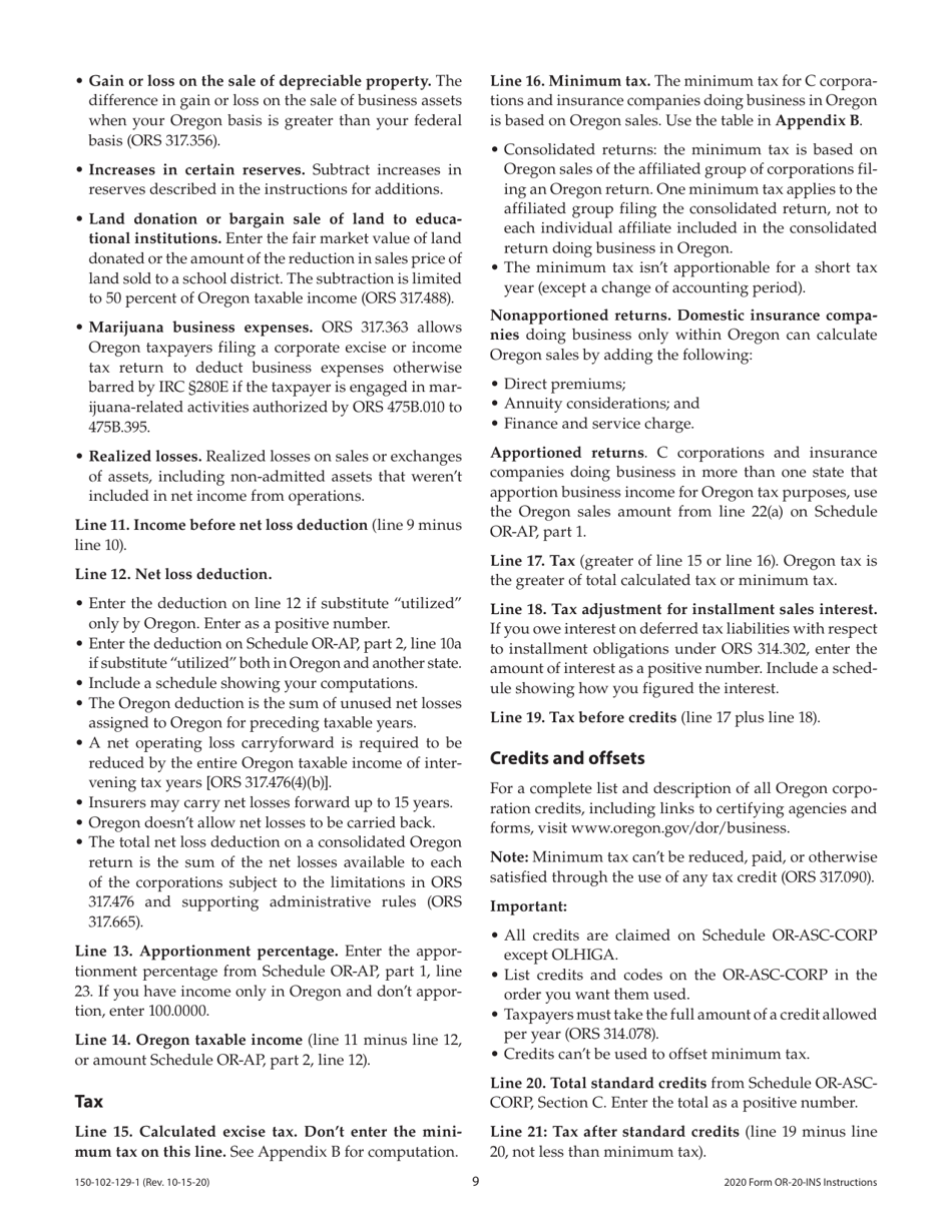 Instructions for Form OR-20-INS, 150-102-129 Oregon Insurance Excise Tax Return - Oregon, Page 9
