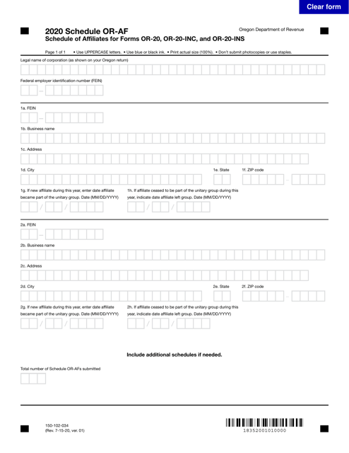 Form 150-102-034 Schedule OR-AF 2020 Printable Pdf