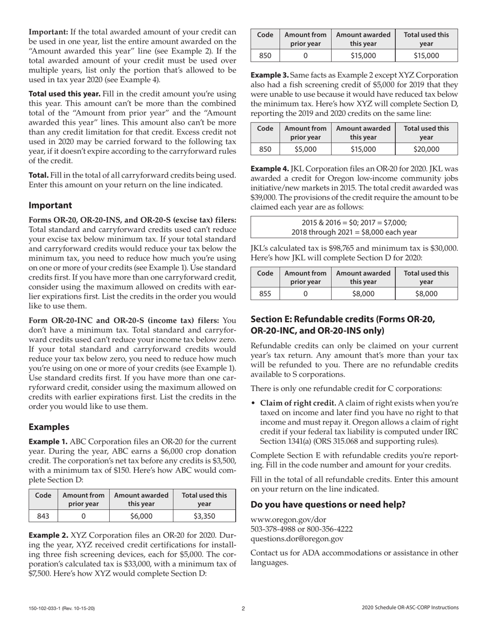 Instructions for Form 150-102-033 Schedule OR-ASC-CORP Oregon Adjustments for Corporations - Oregon, Page 2