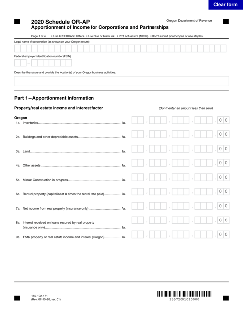 Form 150-102-171 Schedule OR-AP 2020 Printable Pdf