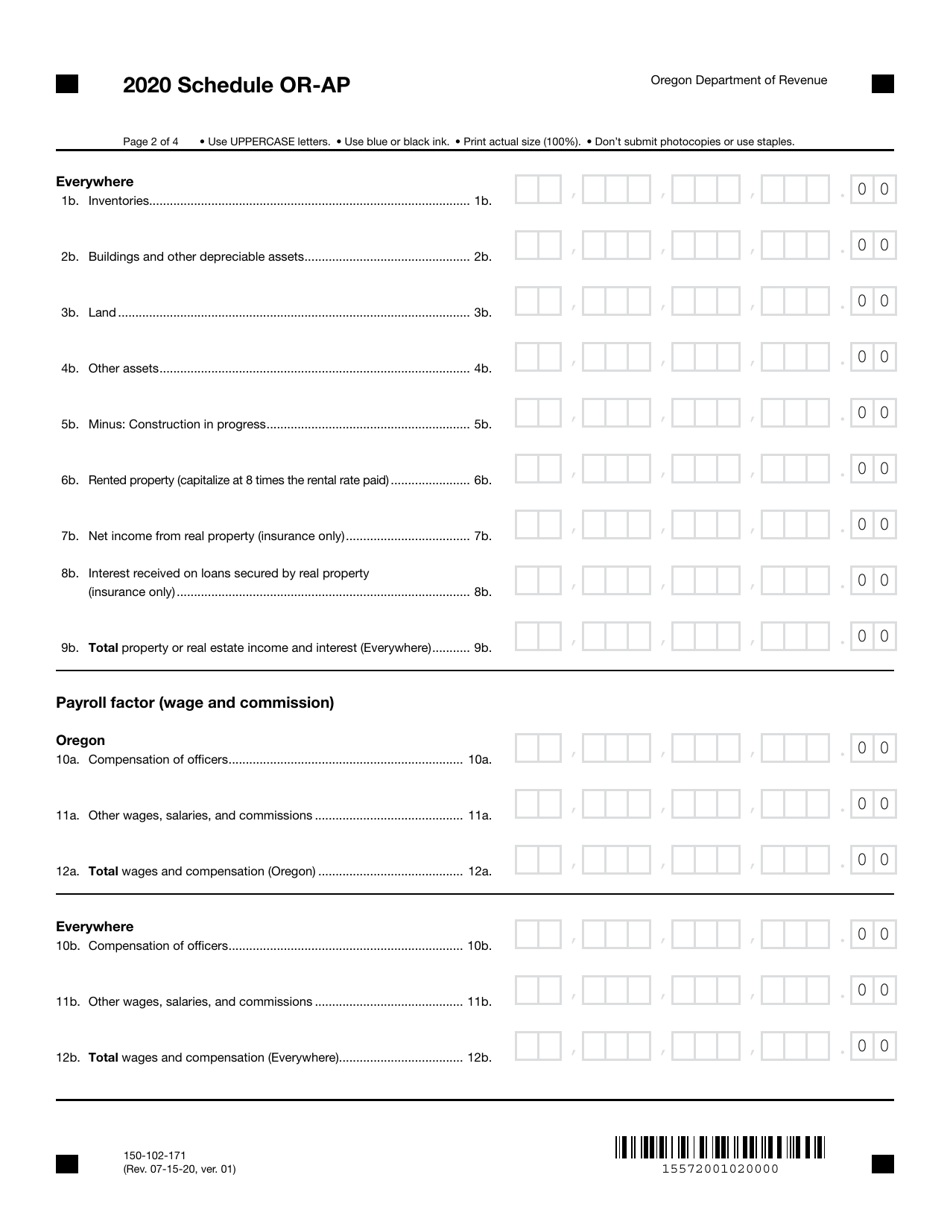 Form 150-102-171 Schedule OR-AP Apportionment of Income for Corporations and Partnerships - Oregon, Page 2