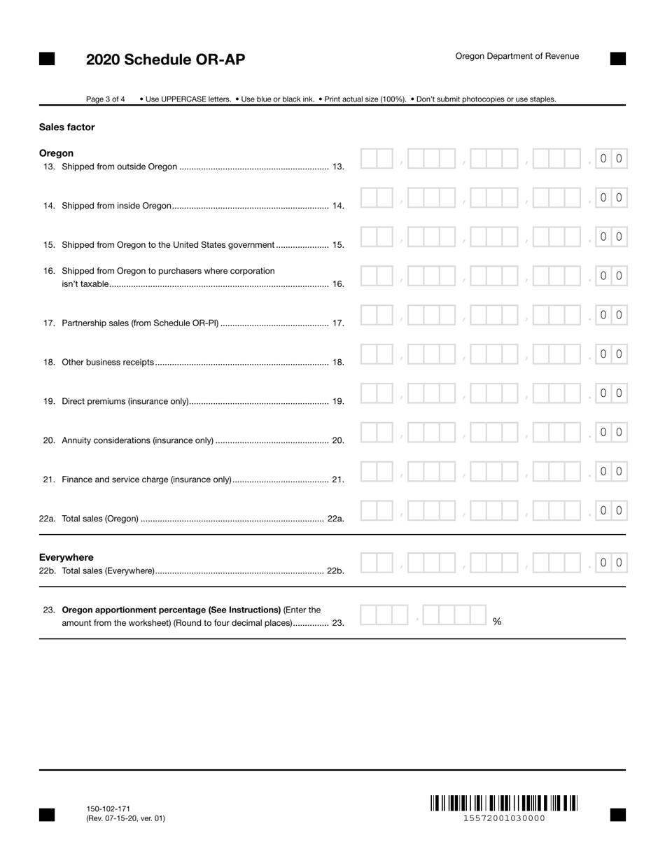 Form 150-102-171 Schedule OR-AP Apportionment of Income for Corporations and Partnerships - Oregon, Page 3