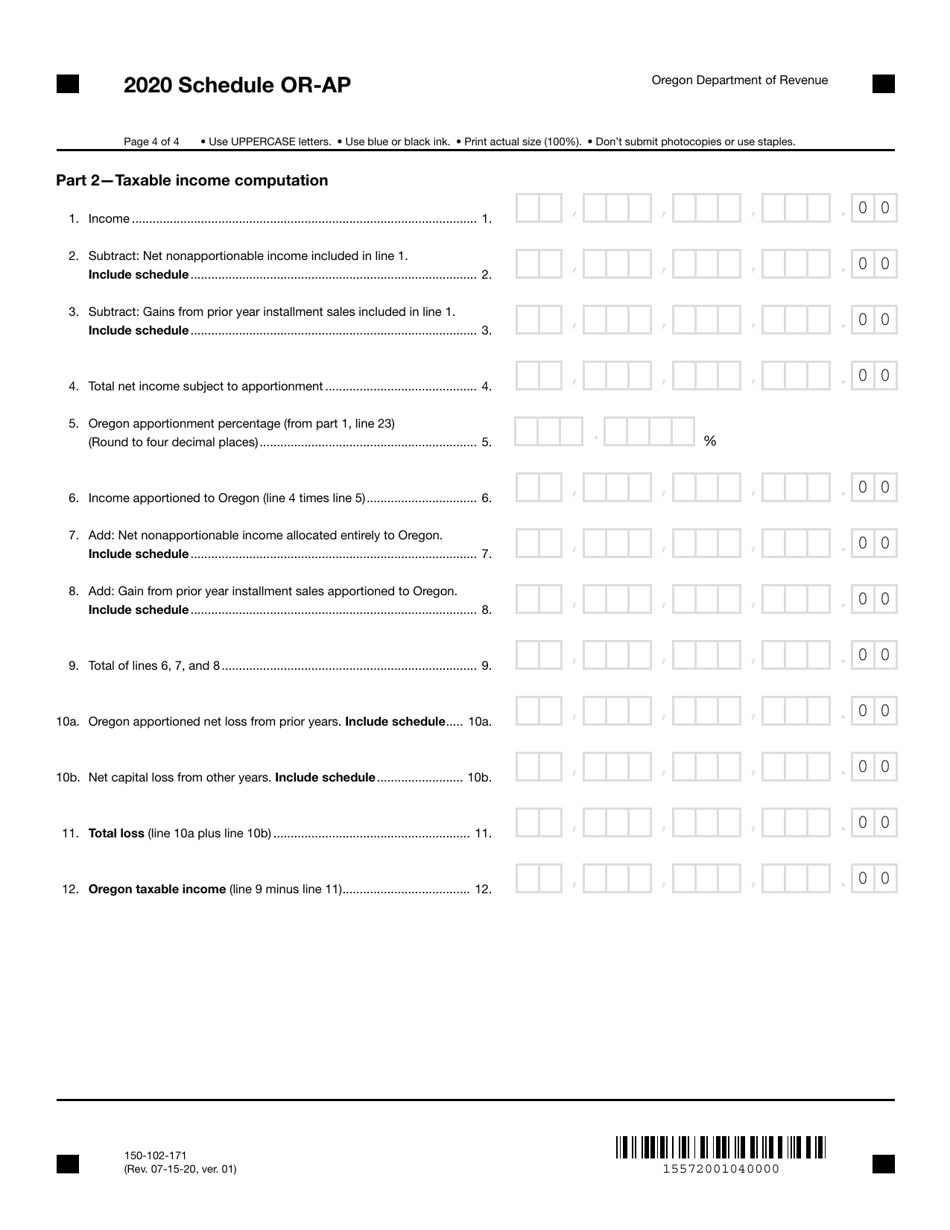 Form 150-102-171 Schedule OR-AP Apportionment of Income for Corporations and Partnerships - Oregon, Page 4