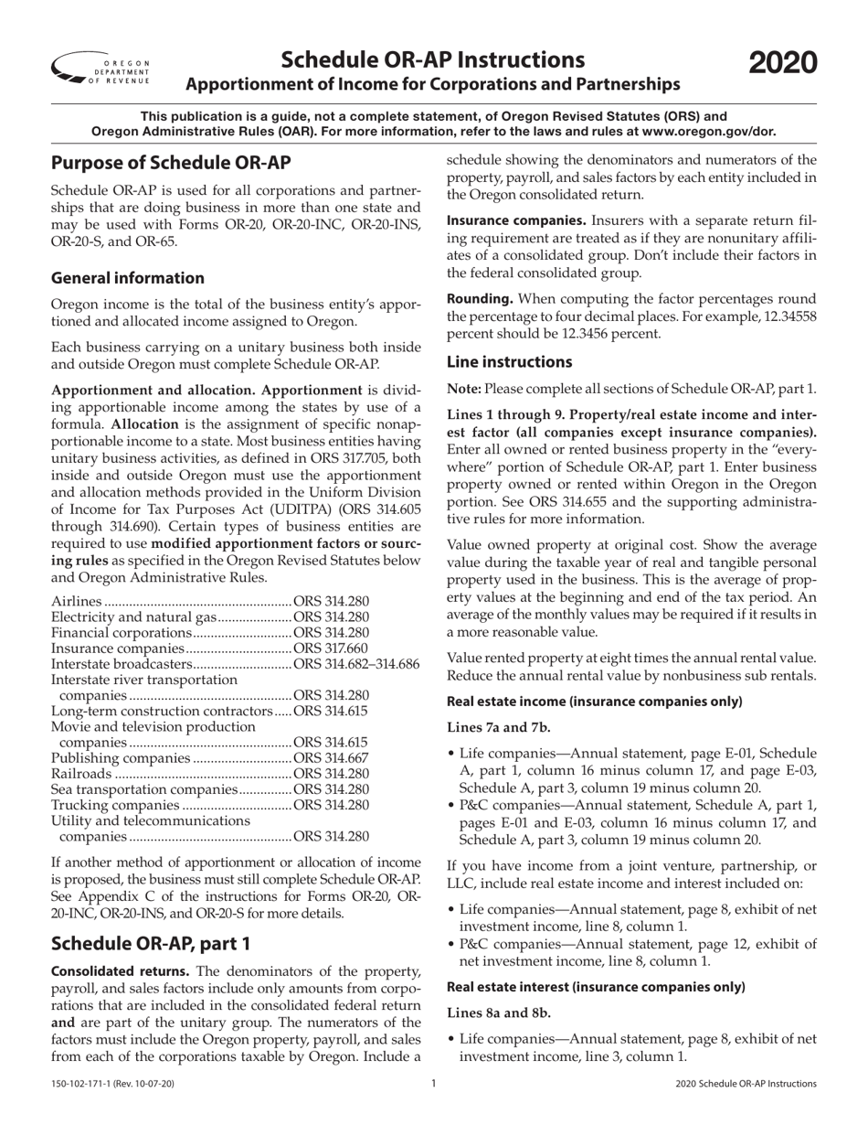 Instructions for Form 150-102-171 Schedule OR-AP Apportionment of Income for Corporations and Partnerships - Oregon, Page 1