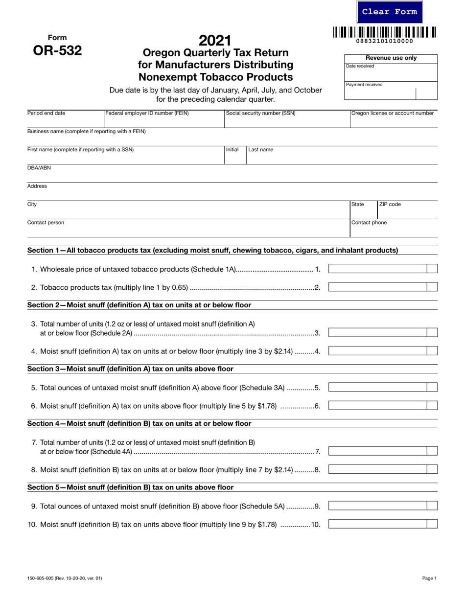 Form OR-532 (150-605-005) Oregon Quarterly Tax Return for Manufacturers Distributing Nonexempt Tobacco Products - Oregon, Page 1