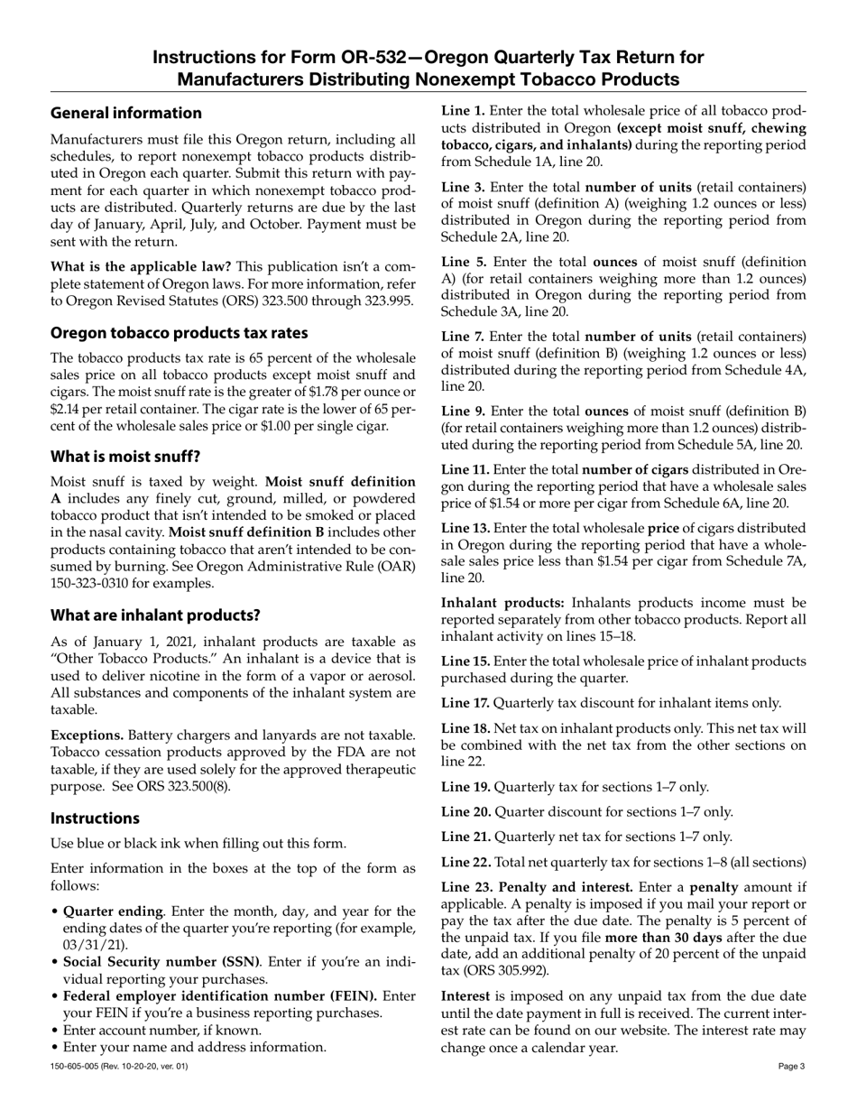 Form OR-532 (150-605-005) Oregon Quarterly Tax Return for Manufacturers Distributing Nonexempt Tobacco Products - Oregon, Page 3