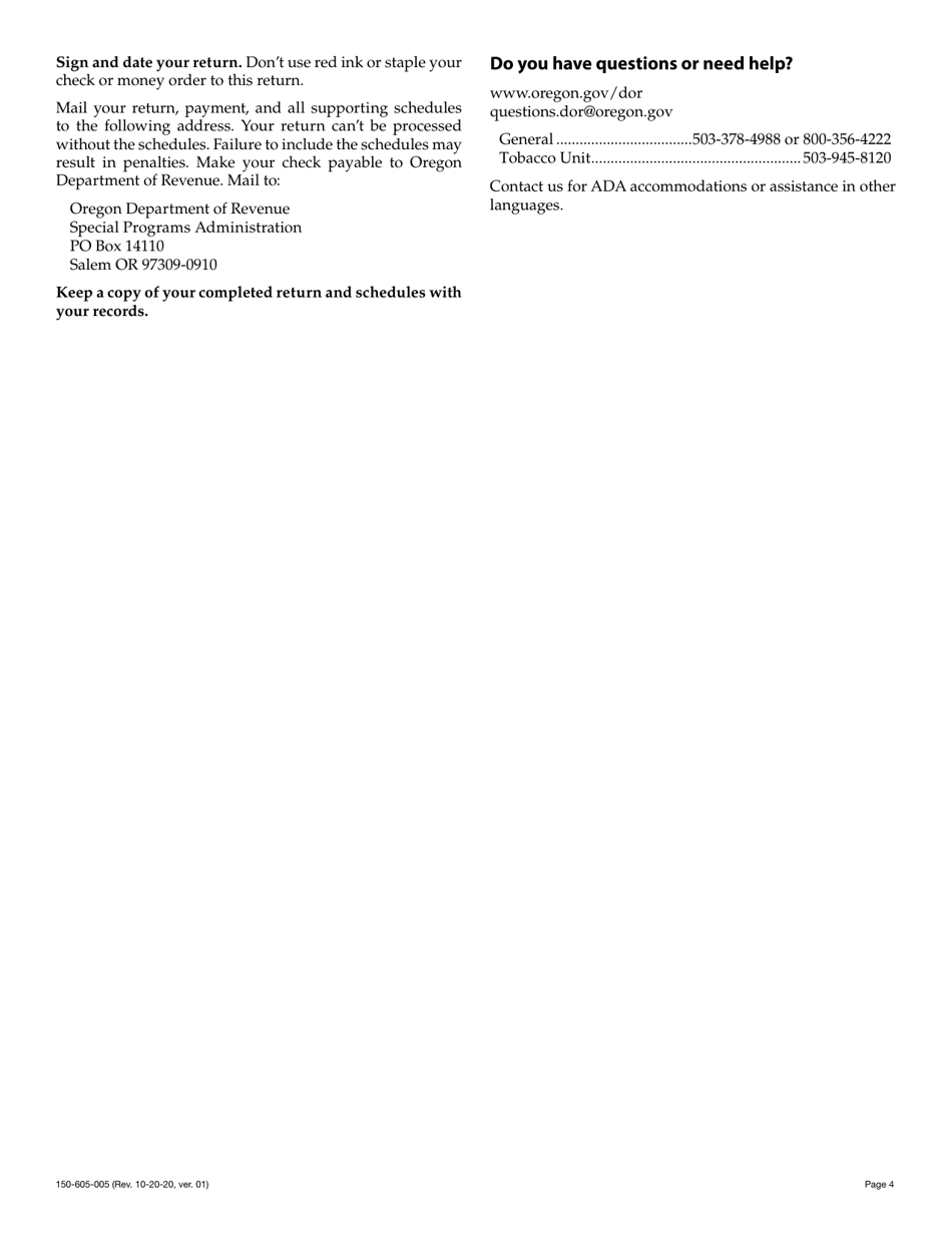 Form OR-532 (150-605-005) Oregon Quarterly Tax Return for Manufacturers Distributing Nonexempt Tobacco Products - Oregon, Page 4