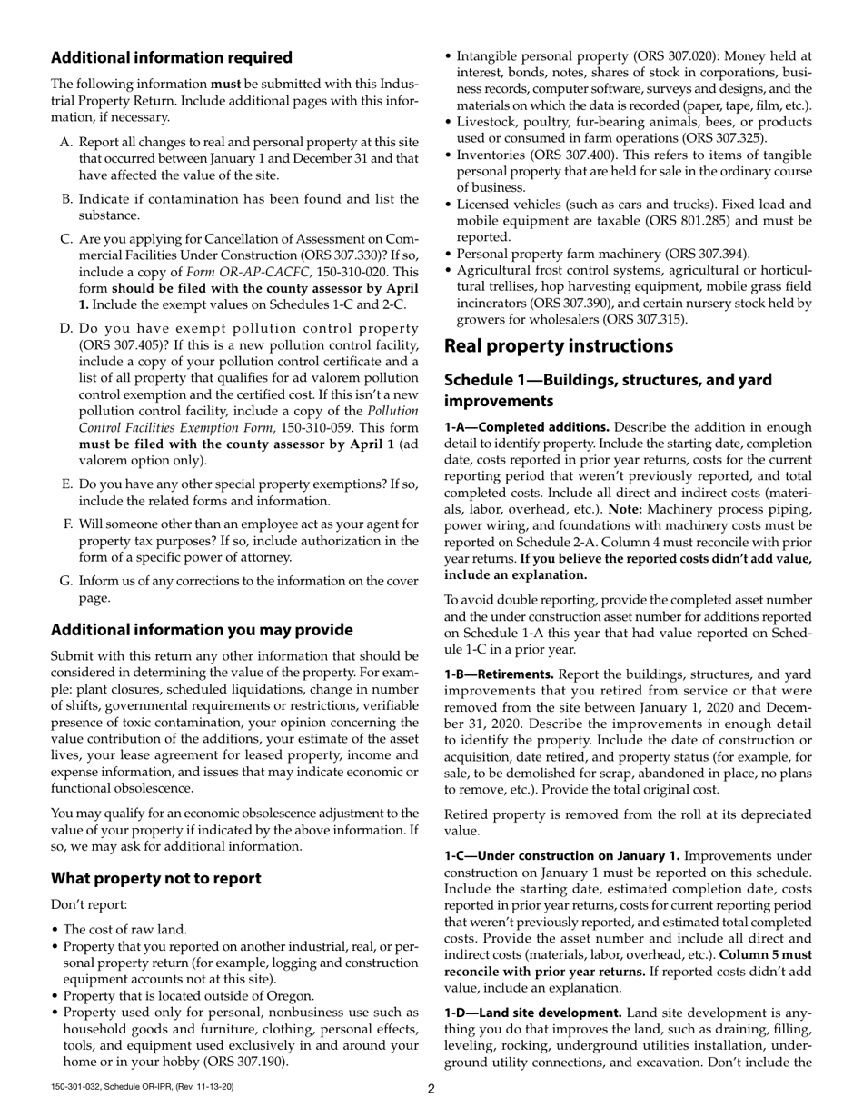 Form 150-301-032 Schedule OR-IPR Industrial Property Return - Oregon, Page 3