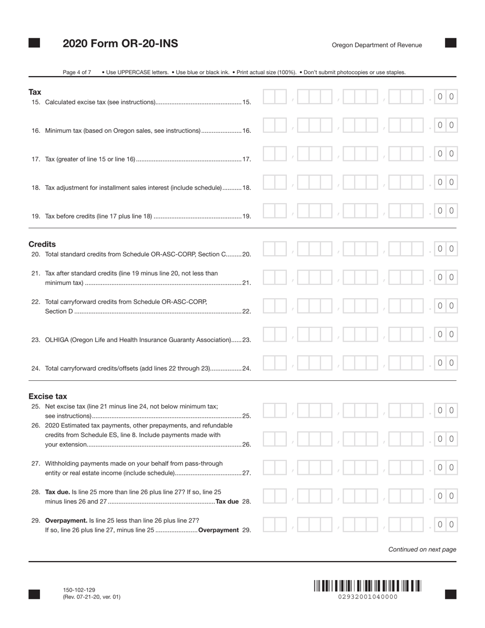 Form OR-20-INS (150-102-129) Oregon Insurance Excise Tax Return - Oregon, Page 4