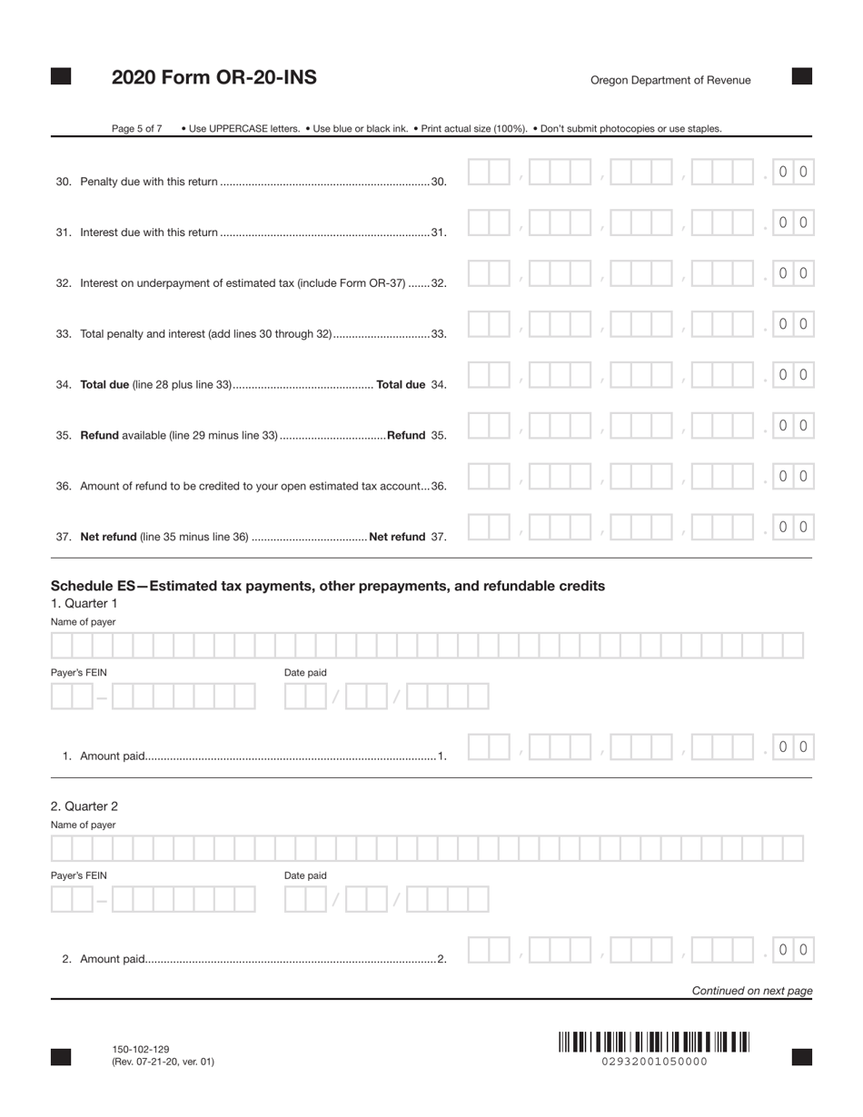 Form OR-20-INS (150-102-129) Oregon Insurance Excise Tax Return - Oregon, Page 5