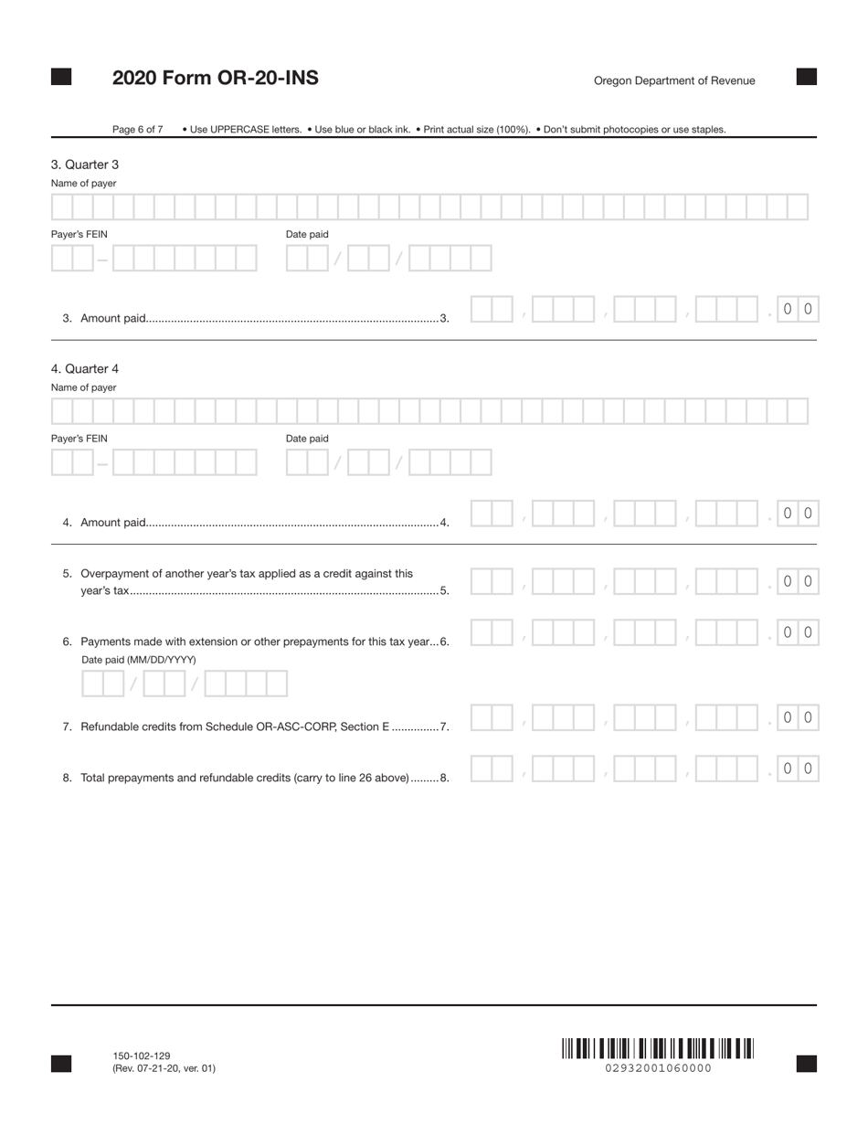 Form OR-20-INS (150-102-129) Oregon Insurance Excise Tax Return - Oregon, Page 6