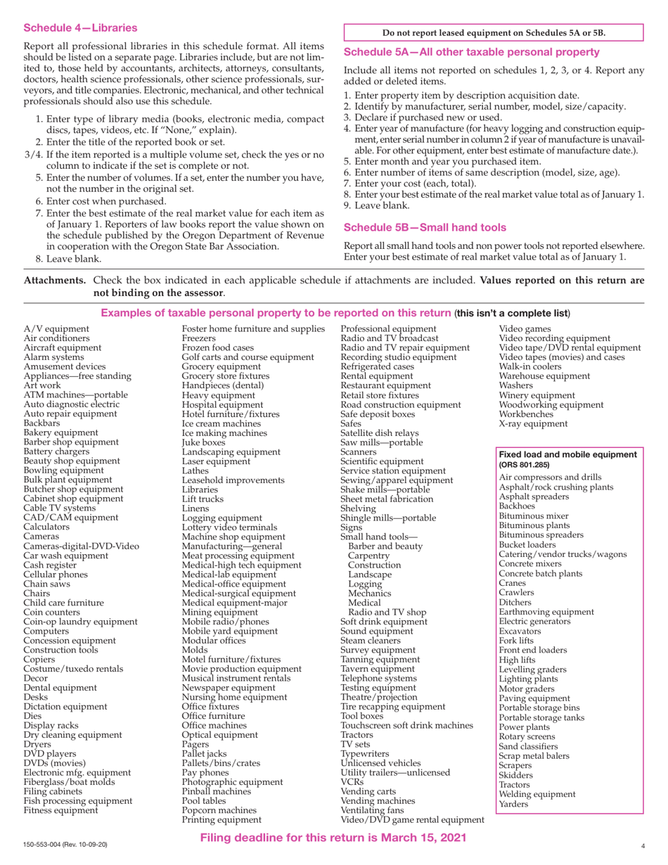 Form OR-CPPR (150-553-004) Confidential Personal Property Return - Oregon, Page 4