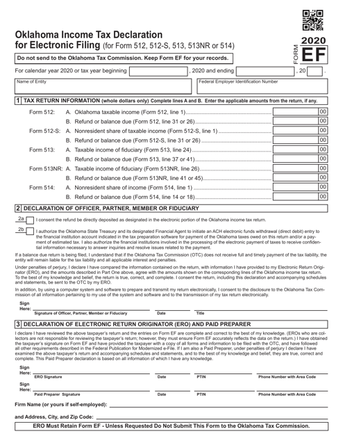 Form EF Oklahoma Income Tax Declaration for Electronic Filing (For Form 512, 512-s, 513, 513-nr or 514) - Oklahoma, 2020