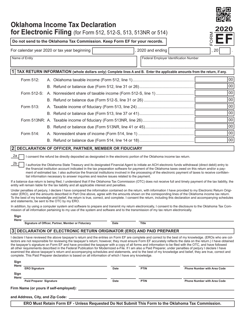 Form EF Oklahoma Income Tax Declaration for Electronic Filing (For Form 512, 512-s, 513, 513-nr or 514) - Oklahoma, Page 1